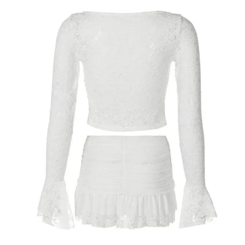 Fashion District White Lace Bustier Crop Top Ruffle Mini Skirt Set