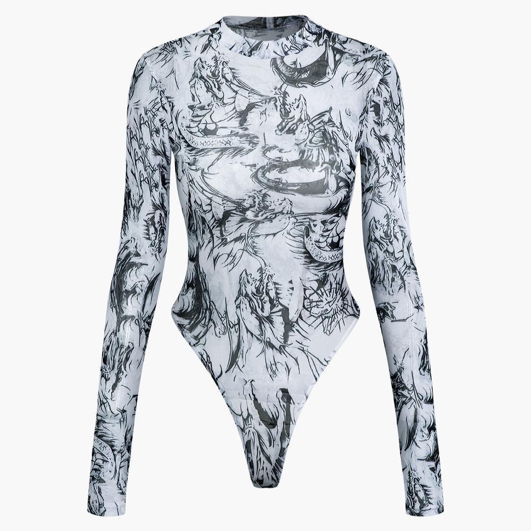 Fashion District Dragon Tattoo Print Mesh Long Sleeve Bodysuit