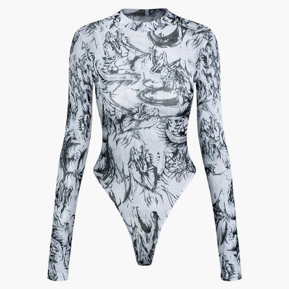 Fashion District Dragon Tattoo Print Mesh Long Sleeve Bodysuit