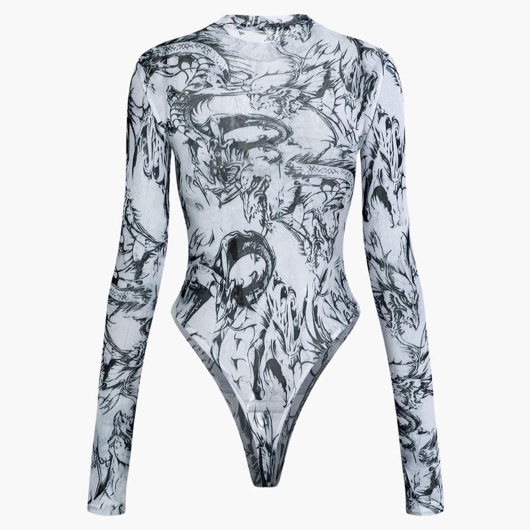 Fashion District Dragon Tattoo Print Mesh Long Sleeve Bodysuit
