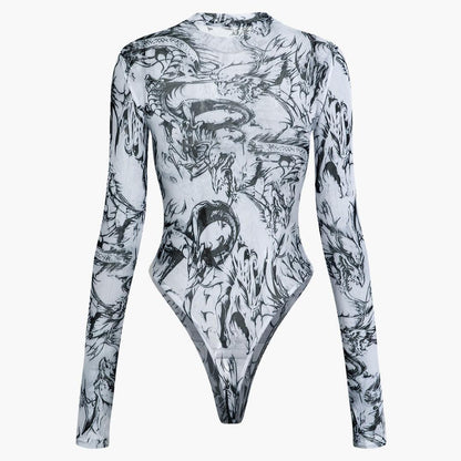 Fashion District Dragon Tattoo Print Mesh Long Sleeve Bodysuit