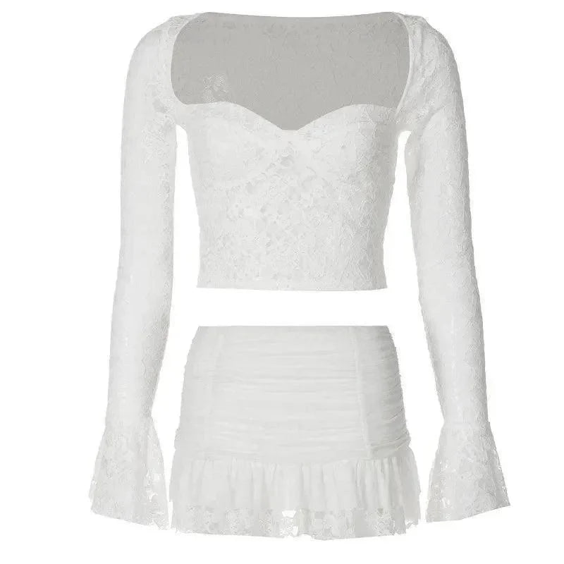 Fashion District White Lace Bustier Crop Top Ruffle Mini Skirt Set