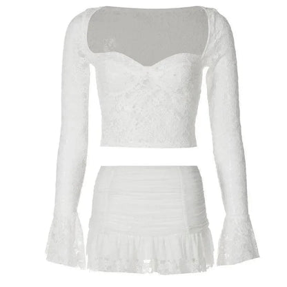 Fashion District White Lace Bustier Crop Top Ruffle Mini Skirt Set