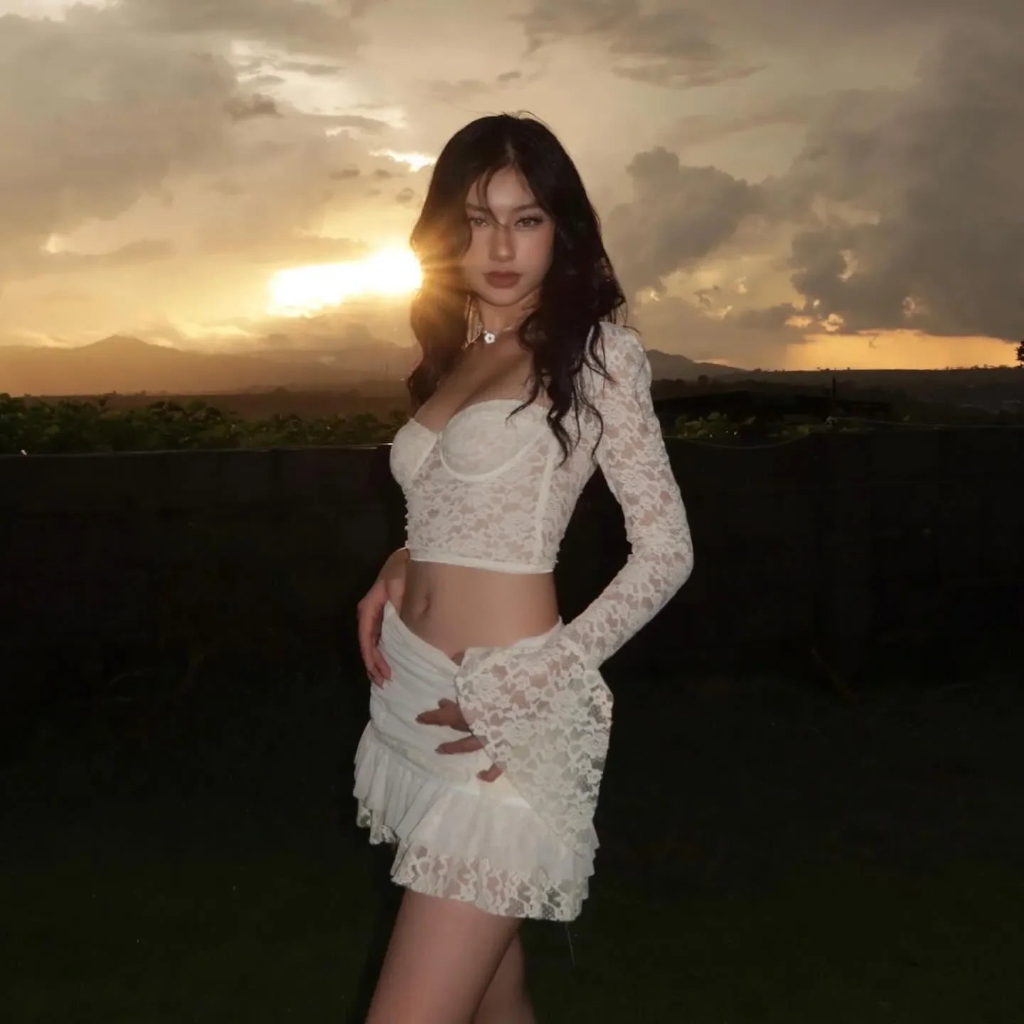 Fashion District White Lace Bustier Crop Top Ruffle Mini Skirt Set
