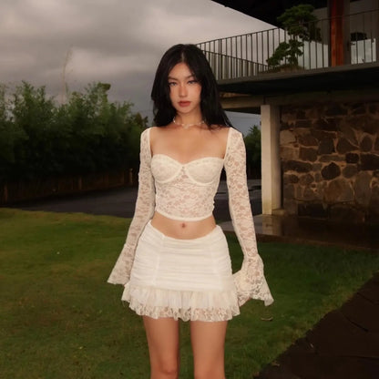 Fashion District White Lace Bustier Crop Top Ruffle Mini Skirt Set