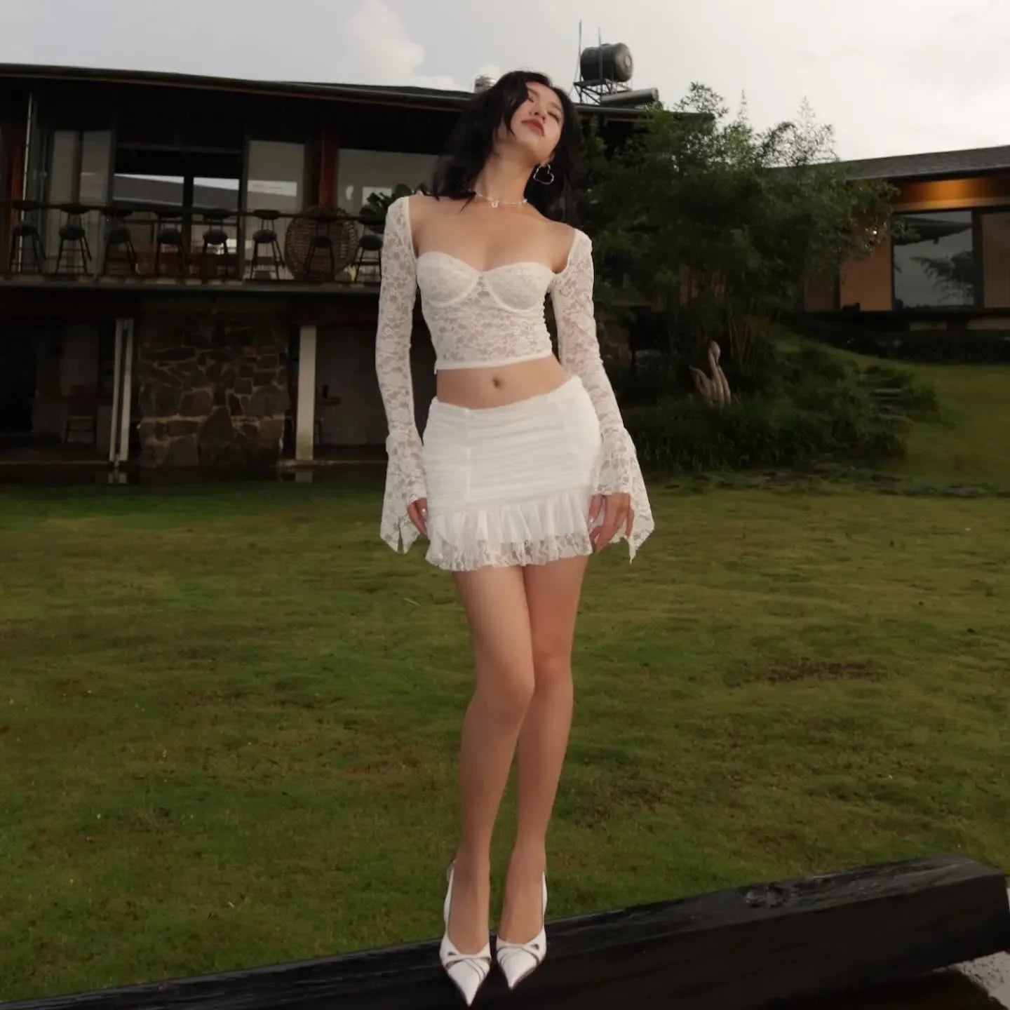 Fashion District White Lace Bustier Crop Top Ruffle Mini Skirt Set
