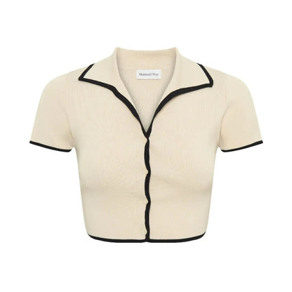 Fashion District Ivory Contrast Trim Knit Polo Top Mini Skirt Set