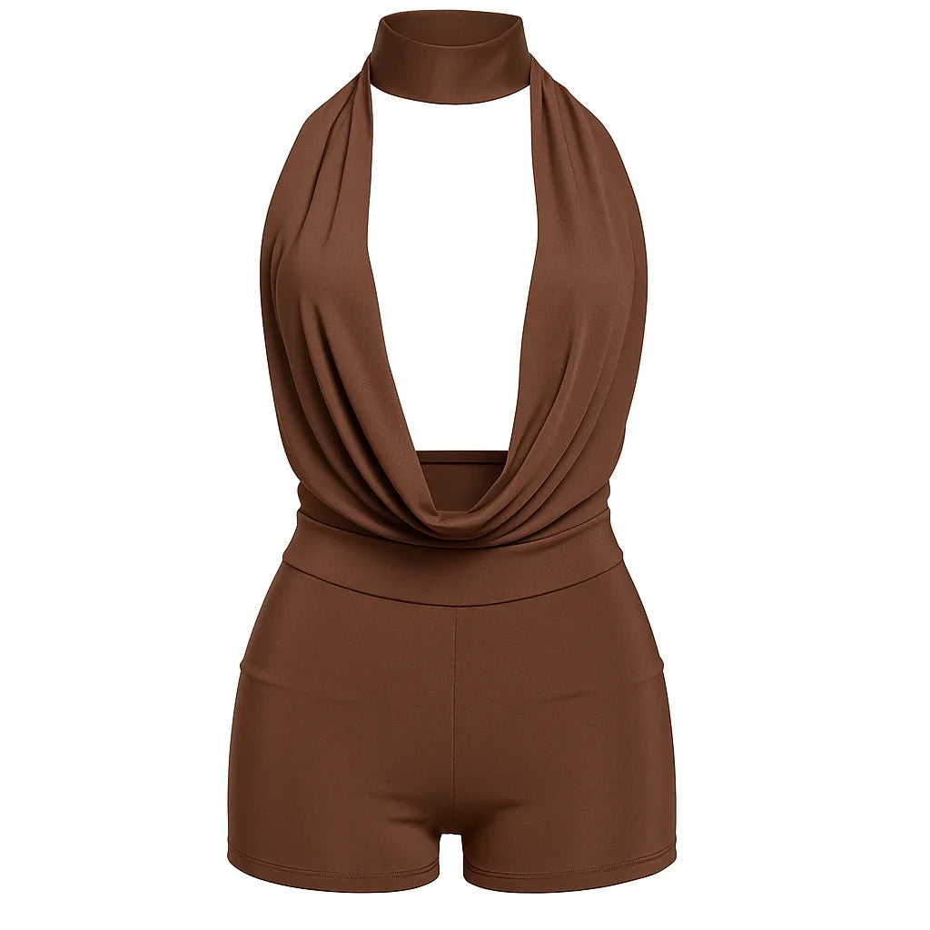 Fashion District Brown Deep V Halter Neck Draped Mini Romper Set