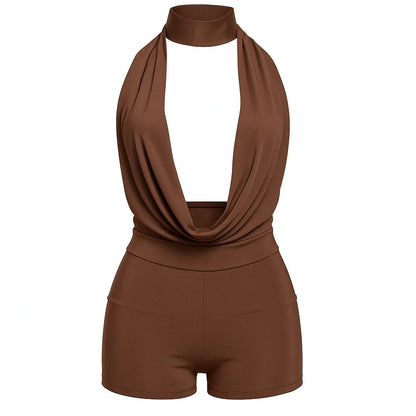 Fashion District Brown Deep V Halter Neck Draped Mini Romper Set