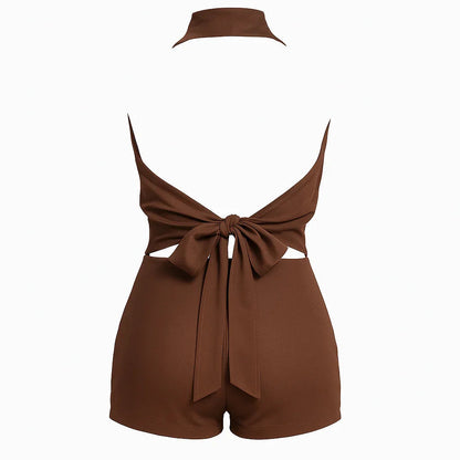 Fashion District Brown Deep V Halter Neck Draped Mini Romper Set