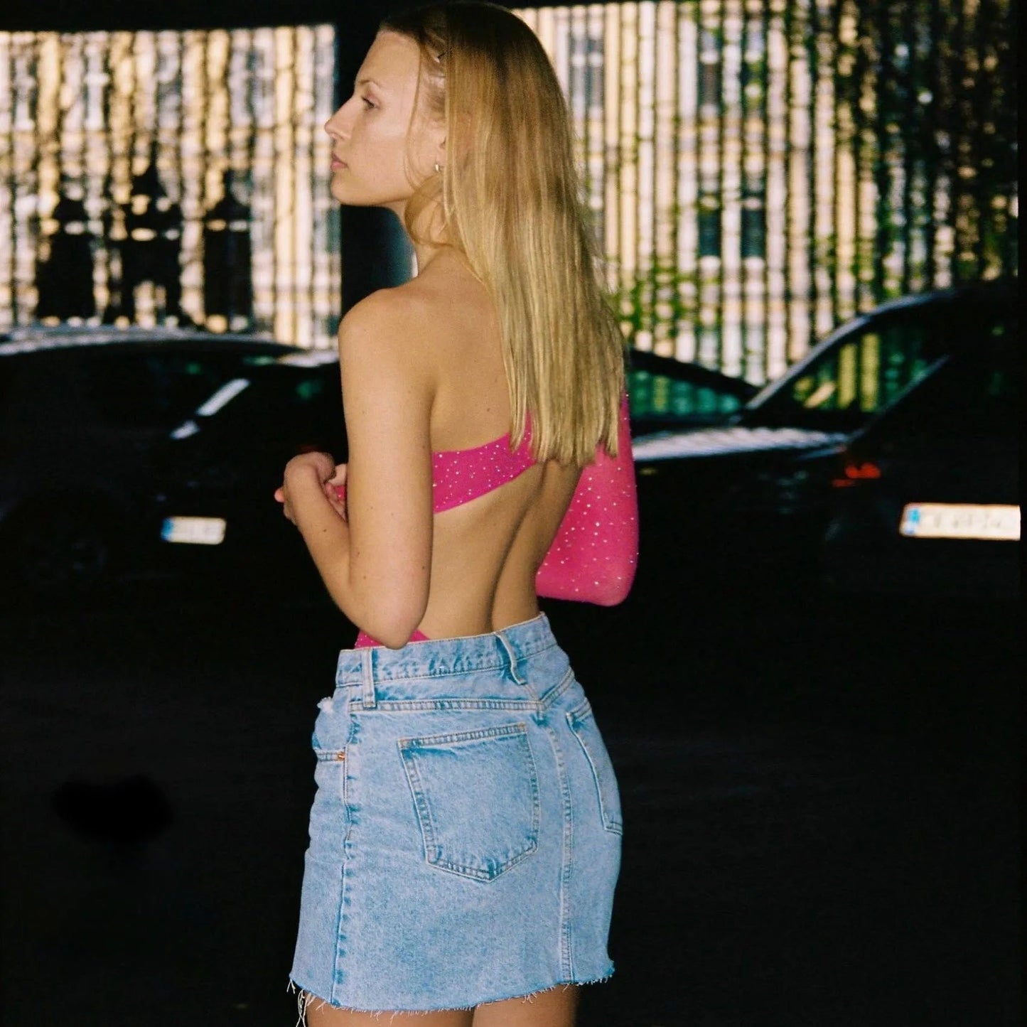Hot Pink Sparkle Rhinestone One Shoulder Bodysuit by Freya Fabric