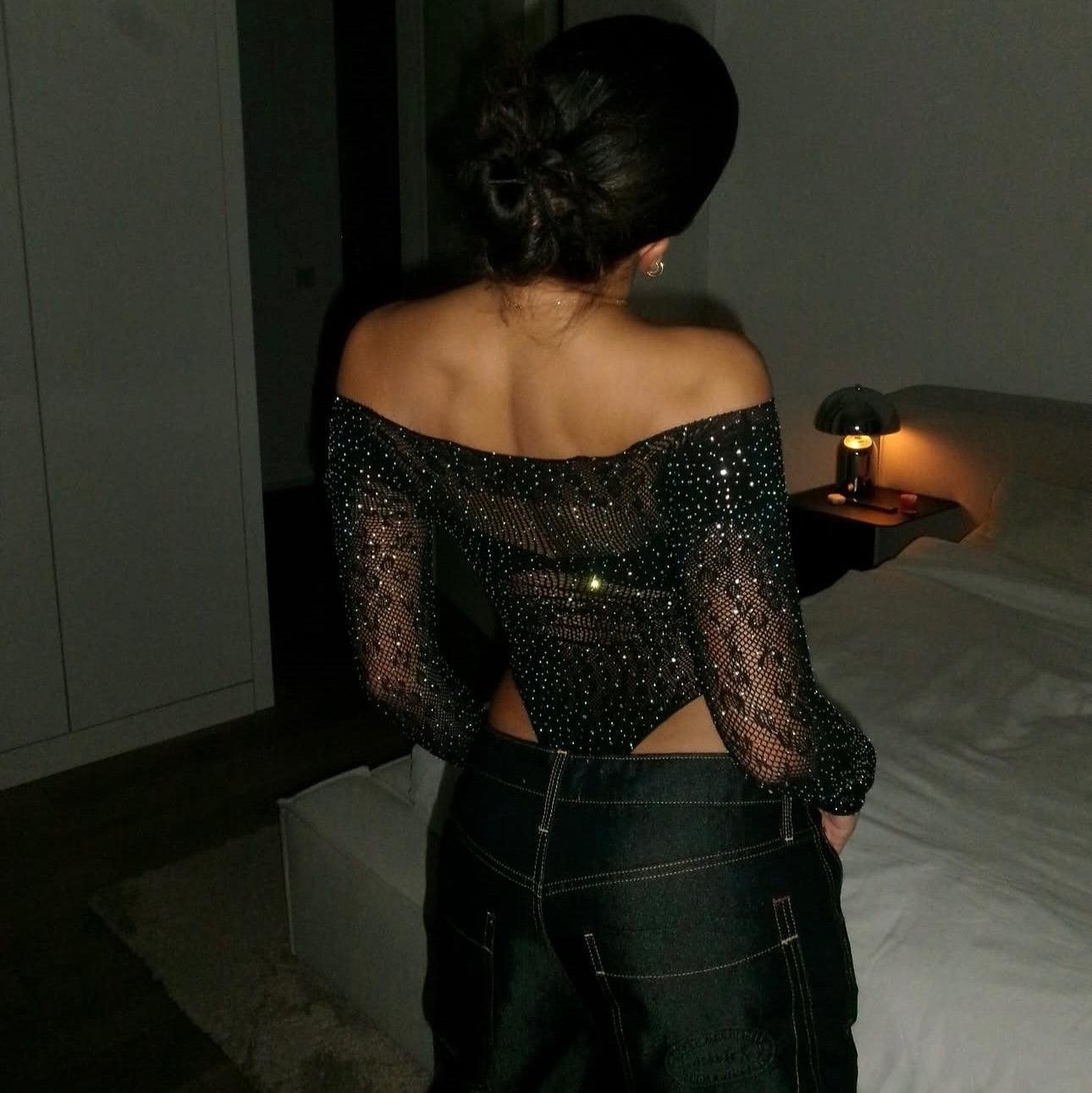 Black Sparkle Rhinestone Off Shoulder Mesh Bodysuit by Fashion District